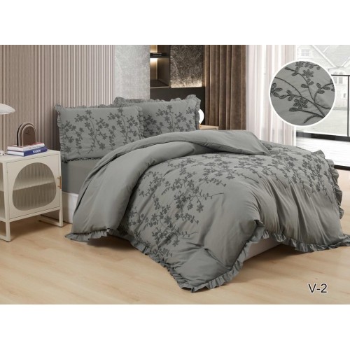 КПБ EFOR SATIN с одеялом с вышивкой "цветы" серый евро