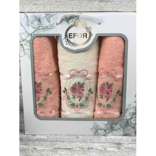 Набор полотенец EFOR из 3-х предметов (50*90-2шт.;70*140) королевская роза (персик) KIRALCI GULSOMON