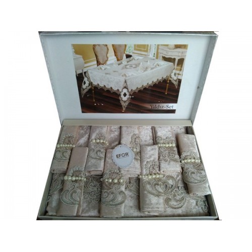 Скатерть EFOR YILDIZ 160x220 прямоугольная с 8 салфетками капучино