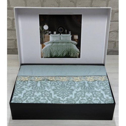 КПБ EFOR COTTONI с гипюром "орнамент" евро (зеленый)