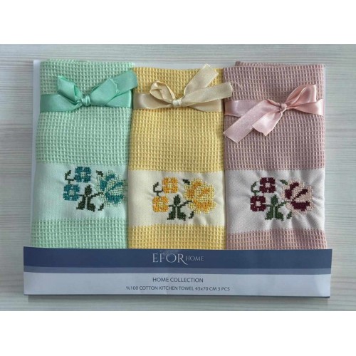 Набор кухонных салфеток EFOR (3шт) (45*70) вафля цветок зелено-желтый