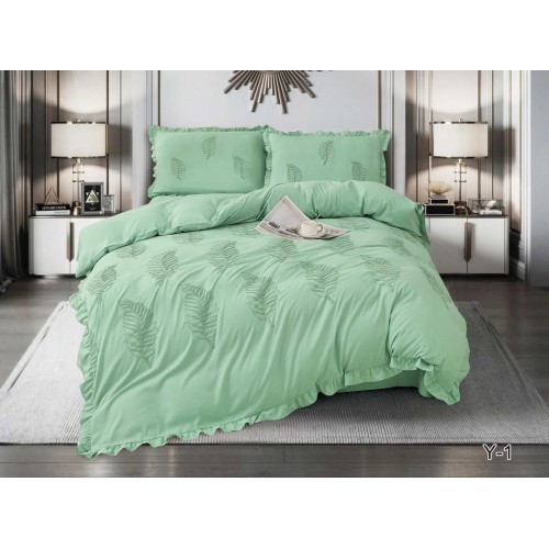 КПБ EFOR SATIN с одеялом с вышивкой "листок" минтоловый евро