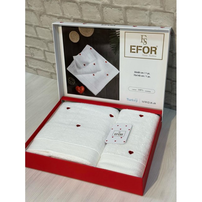 Набор полотенец EFOR из 2-х предметов (50*90; 70*140) сердце белый (красный) KIRMIZI