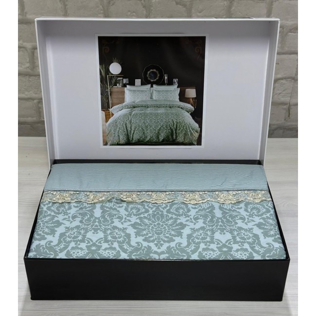 КПБ EFOR COTTONI с гипюром "орнамент" евро (зеленый)