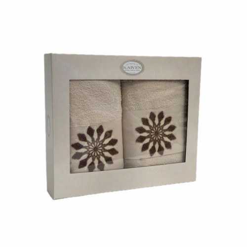 Набор полотенец в коробке Карвен "СОЛНЦЕ" махра 50*90/70*140 HS1719 v2 св.бежевый (Акция)