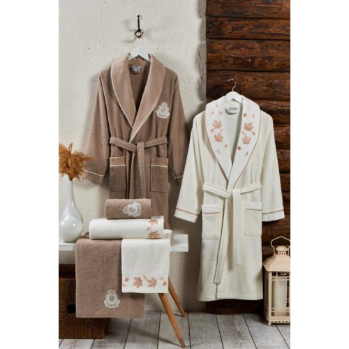 Халат Karven "Листья" (муж.+жен.) c полотенцами махра 50*90(2(/70*140(2)