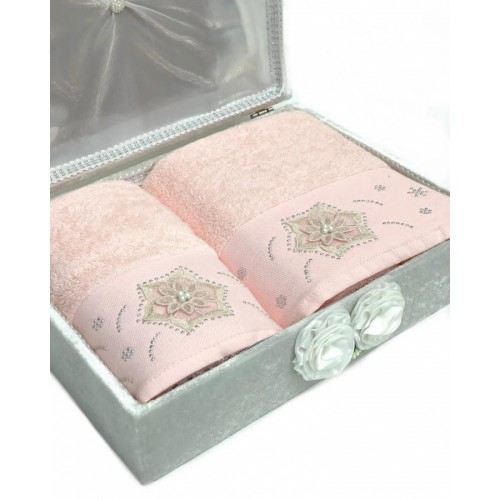 Набор полотенец Rebeka "FRANSIZ" махра 50*90/70*140 сундук HS1480 (V-1) светло-розовый (Акция)