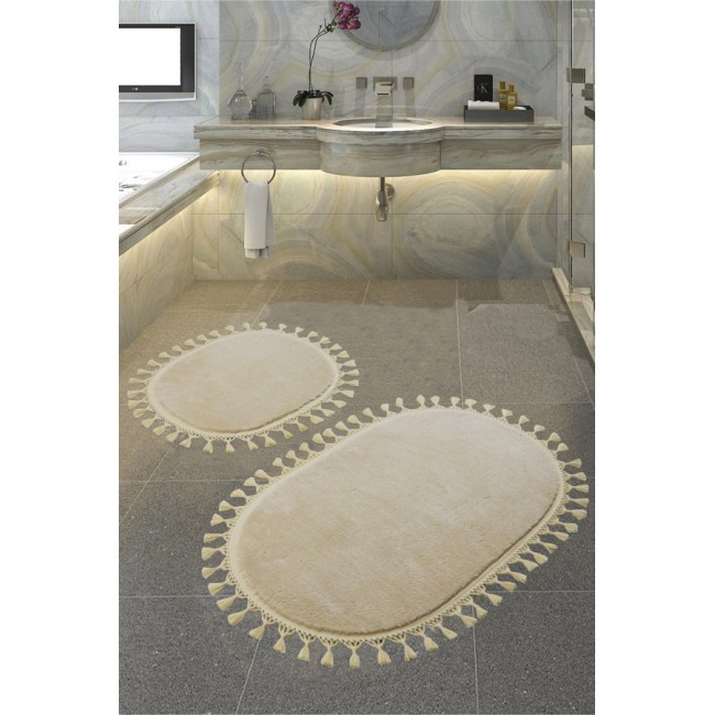 Набор ковриков для ванной Карвен POST DOKUMA OVAL SACAKLI/мех с бахрамой 50*60-60*100 KV 413 vizon/св.бежевый