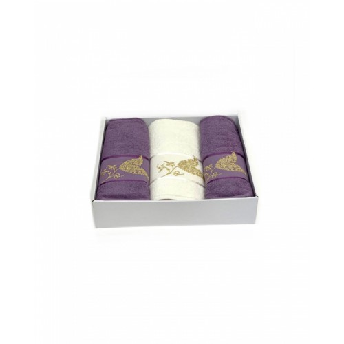 Набор полотенец Карвен "ALTIN YAPRAK"махра 50*90(2)/70*140 HS 1631 v6 крем/т.лиловый