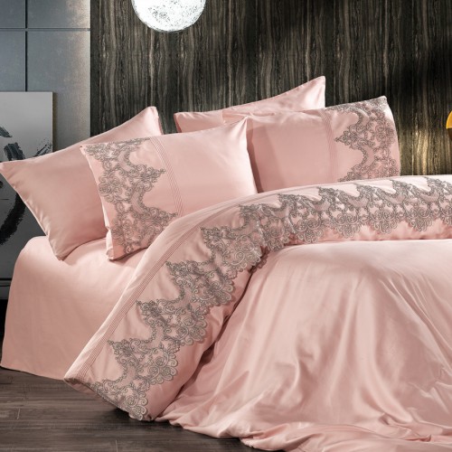 Постельное белье Zebra casa сатин с кружевом евро N169 TOSCANA pudra