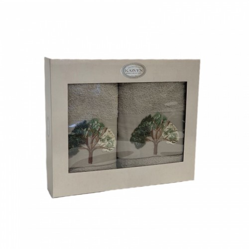 Набор полотенец в коробке Карвен "ДЕРЕВО" махра 50*90/70*140 HS1719 v2 серо-бежевый (Акция)