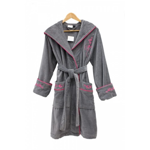 Халат Каrven "УЗОР"женский с капюшоном велюр B 1108 серый/розовый L/XL