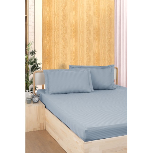 Простынь Карвен Stripe Satin на резинке+наволочка 100*200 +33см/ 50*70(1)+5см сатин indigo/индиго (Акция)