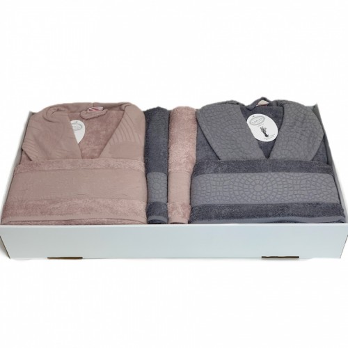 Халат Karven JAGARLI (муж.+жен.) c полотенцами бамбук 50*90(2(/70*140(2) В 1116 pudra/antrasit/пудра/антрацит