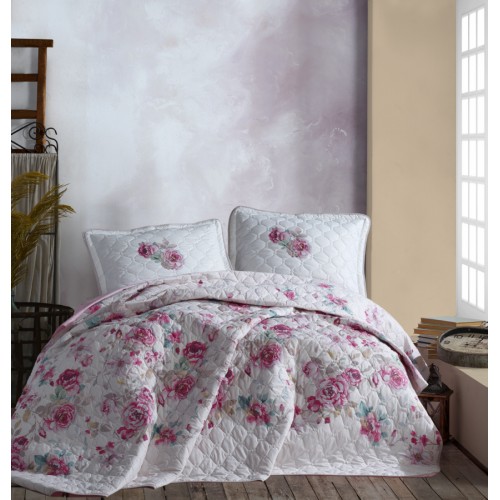 Комплект KARVEN (покрывало стеганное с принтом) хлопок евро 3 пр (260*240 / 50*70) Y 924 DESIMA v1 Pembe (Акция)