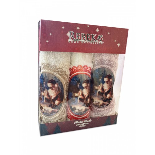 Набор полотенец кухонный "ЗИМА-САНТА" 3D махра 30*50 3шт. НМ 523(V-1)-11 бежевый/сиреневый