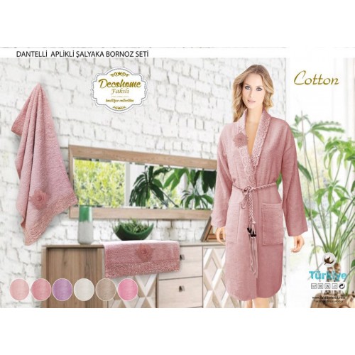 Халат FAKILI Карвен "DANTELLI" с кружевом и 50*90 70*140 полотенца махра В 1051