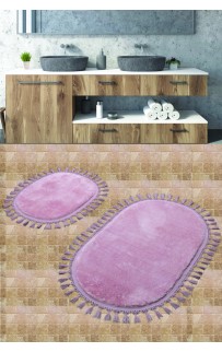 Набор ковриков для ванной Карвен POST DOKUMA OVAL SACAKLI/мех с бахрамой 50*60-60*100 KV 413 pudra/пудровый