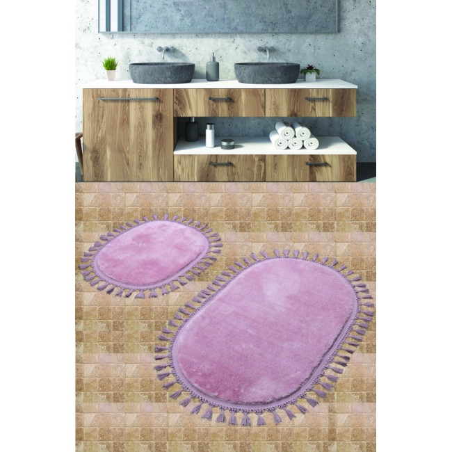 Набор ковриков для ванной Карвен POST DOKUMA OVAL SACAKLI/мех с бахрамой 50*60-60*100 KV 413 pudra/пудровый