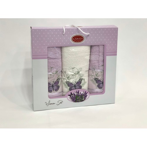 Набор полотенец Карвен "KELEBEK" махра 50*90(2)/70*140 HS 1659 v8 крем/св.сиреневый