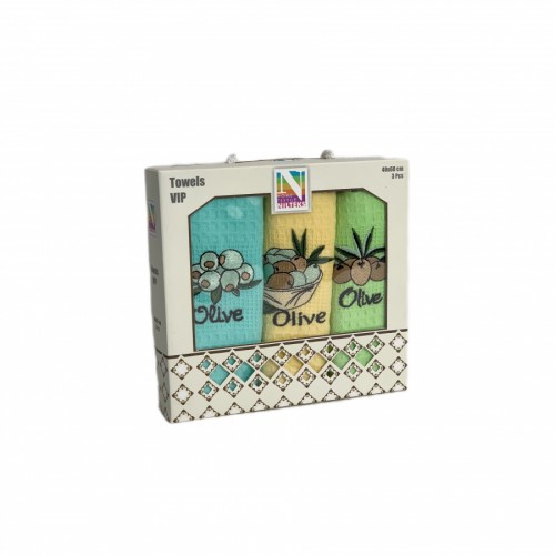 Набор полотенец кухонный Nilteks"ОЛИВА" вафля 40*60 3 шт.НМ 761 v7 бирюза/желт/зеленый