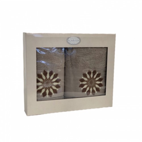 Набор полотенец в коробке Карвен "СОЛНЦЕ" махра 50*90/70*140 HS1719 v3 серо-бежевый (Акция)
