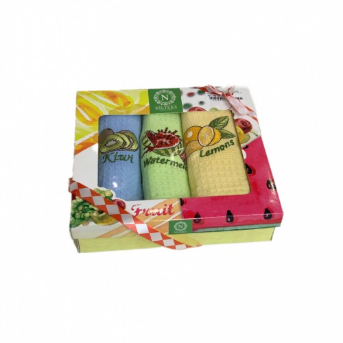 Набор полотенец кухонный NILTEKS "ФРУКТЫ" вафля 40*60-3 шт. НМ 740 v2 голуб/салат/желтый