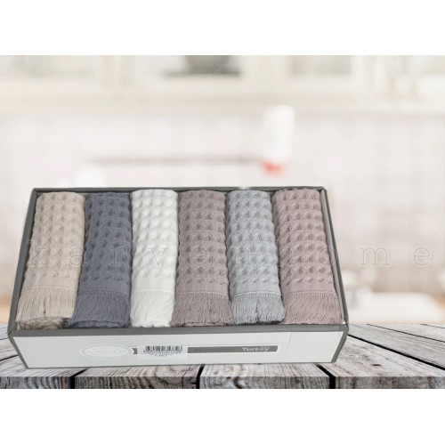 Набор полотенец кухонный Карвен "WAFFLE" 40*70 6шт.вафля,penye с бахромой в коробке НМ 730