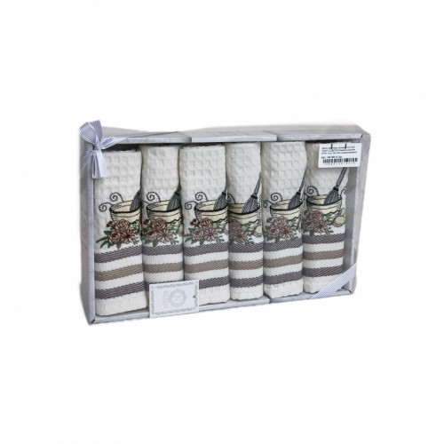 Набор полотенец кухонный NILTEKS "КОФЕ С ЦВЕТАМИ"вафля в коробке 35*45 6 шт. НМ 766 v3 крем/кофейный