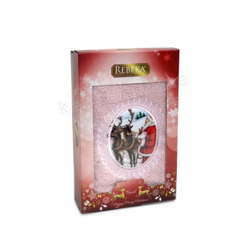 Полотенце Rebeka" Новый год" махра 50*90 1шт HS 1710 v4 pudra/пудровый (Акция)