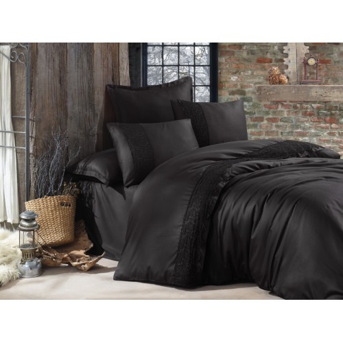 Постельное белье Карвен сатин с кружевом евро GIZA v-2 Black