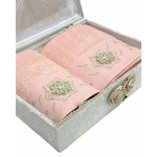 Набор полотенец Rebeka "FRANSIZ" махра 50*90/70*140 сундук HS1480 (V-1) персиковый