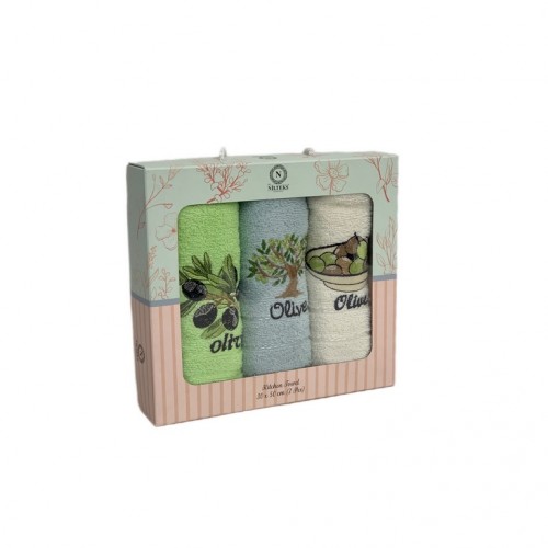 Набор полотенец кухонный NILTEKS "ОЛИВА" махра 30*50 3 шт.НМ 744 v2 салат/голуб/крем.