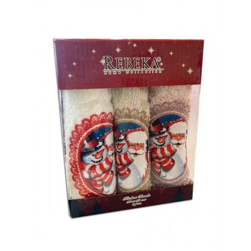 Набор полотенец кухонный "ЗИМА-СНЕГОВИК" 3D махра 30*50 3шт. НМ 523(V-1)-7 бежевый/сиреневый