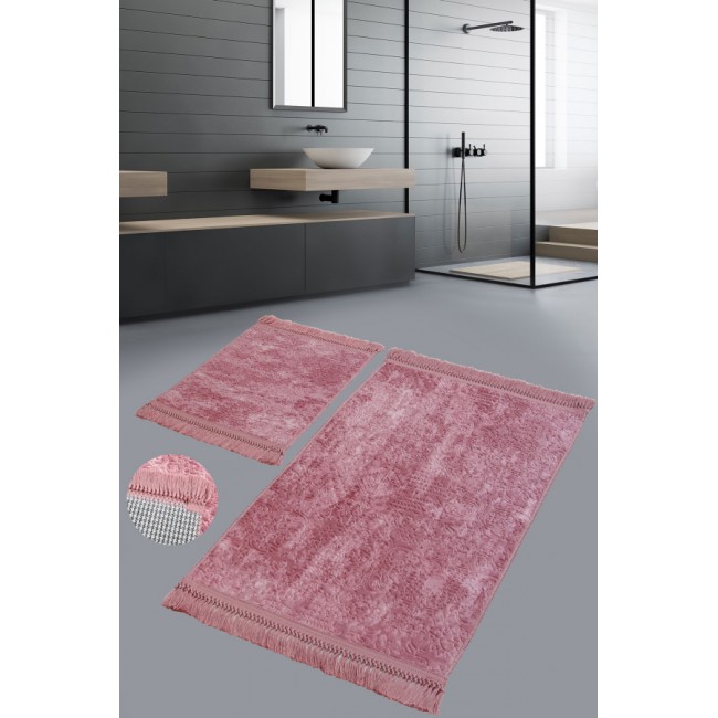 Набор ковриков для ванной Карвен BUKET SACAKLI/софт жаккард с бахрамой KV 416 pudra/пудровый