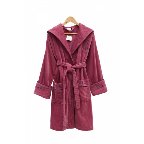 Халат Каrven "УЗОР"женский с капюшоном велюр B 1108 розовая фуксия S