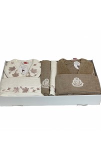Набор из мужского и женского халата с полотенцами Karven "Листья" B 1114 v1 krem/kahve