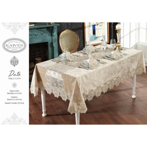 Скатерть Карвен "DATE"160*260 с салфетками велюр с кружевом 25 предметов M 792 cappuccino/капучино