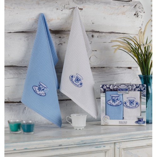 Набор полотенец кухонный NILTEKS "ЧАШКА ГЖЕЛЬ"вафля 40*60 2 шт.НМ 754 v10 голуб/крем