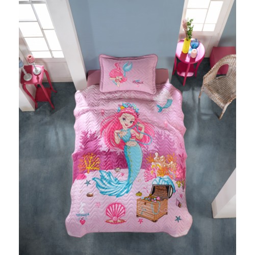 Комплект KARVEN (покрывало детское с принтом стеганное) хлопок 1.5сп 2 пр (180*240 / 50*70) DELFIN v1 Pembe (Акция)