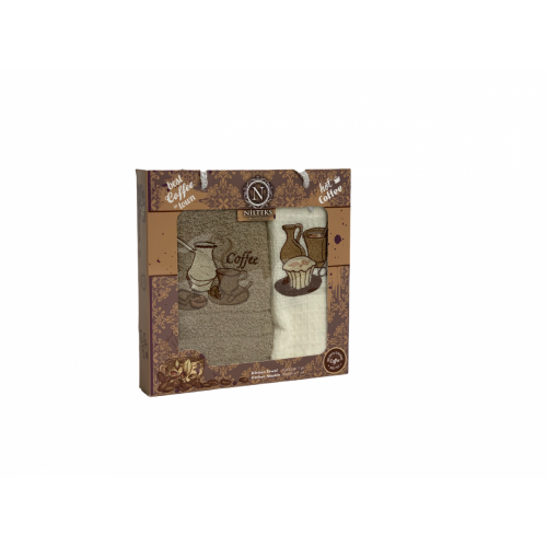 Набор полотенец кухонный NILTEKS "КУВШИН-КОФЕ" махра/вафля 30*50 2 шт. НМ 759 v2 беж/крем