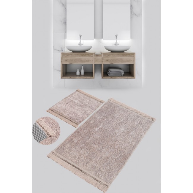 Набор ковриков для ванной Карвен BUKET SACAKLI/софт жаккард с бахрамой KV 416 kahve/т.бежевый