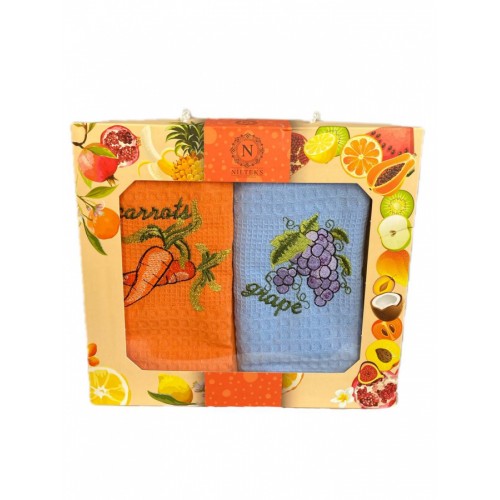 Набор полотенец кухонный NILTEKS "ФРУКТЫ"вафля 40*60 2 шт.НМ 754 v6 оранж/голубой