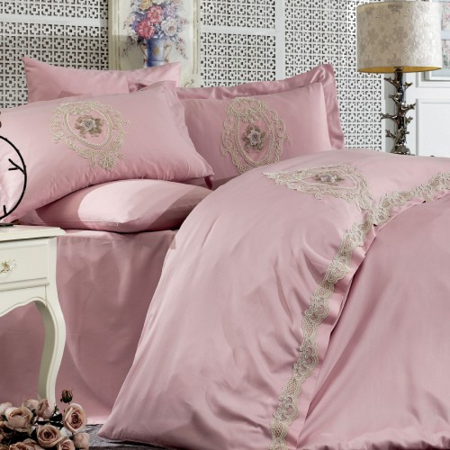 Постельное белье Zebra casa сатин с кружевом евро N169 FLORANSA pudra