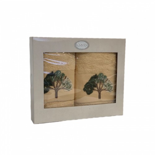 Набор полотенец в коробке Карвен "ДЕРЕВО" махра 50*90/70*140 HS1719 v4 песочный (Акция)