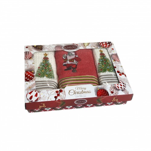 Набор полотенец кухонный Karven"НОВЫЙ ГОД"вафля (2)/махра (1) 50*70-3 шт. НМ 742 v1 крем/красный (Акция)