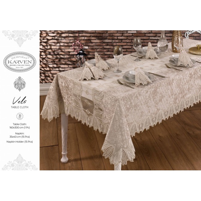 Скатерть Карвен "VELS"160*300 велюр с кружевом M 791 cappuccino/капучино
