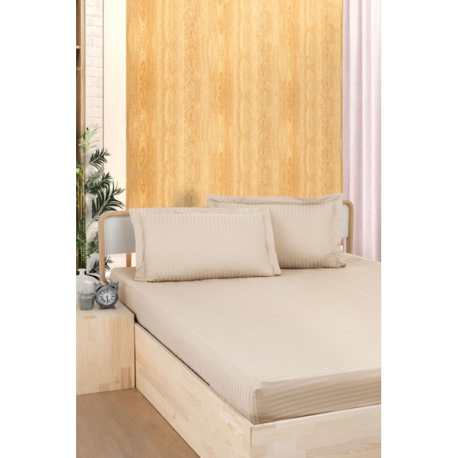 Простынь Карвен Stripe Satin на резинке+наволочки 160*200 +33см/ 50*70(2)+5см сатин tas/песочный (Акция)