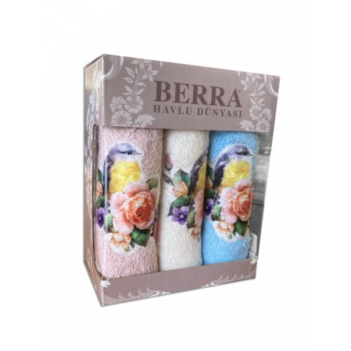 Набор полотенец кухонный "ВЕСНА-ПТИЦЫ" 3D махра 30*50 3шт. НМ 523(V-2)-3 пудровый/голубой