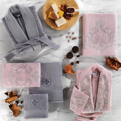 Халат Zebra "LIVORNO" (муж.+жен.)с полотенцами 50*90(2)/70*140(2) бамбук В 1091 серый/пудра (Акция)